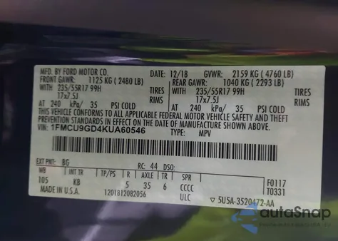 2019 Ford Escape Se z USA, uszkodzony, nr VIN 1FMCU9GD4KUA60546